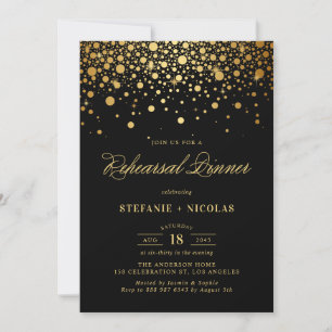 Faux Gold Foil Confetti   Black Rehearsal Dinner Invitation