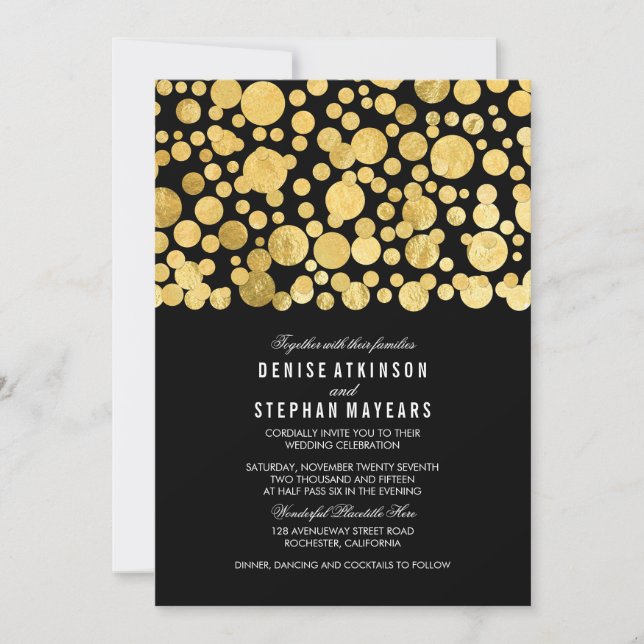 Faux Gold Foil Confetti Black Wedding Invitation (Front)