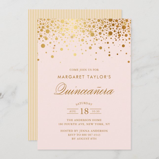 Faux Gold Foil Confetti Blush Pink Quinceañera Invitation (Front/Back)
