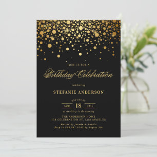 Faux Gold Foil Confetti Dots Black Birthday Invitation
