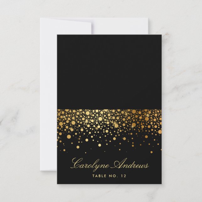 Faux Gold Foil Confetti Dots Black Place Card (Front)