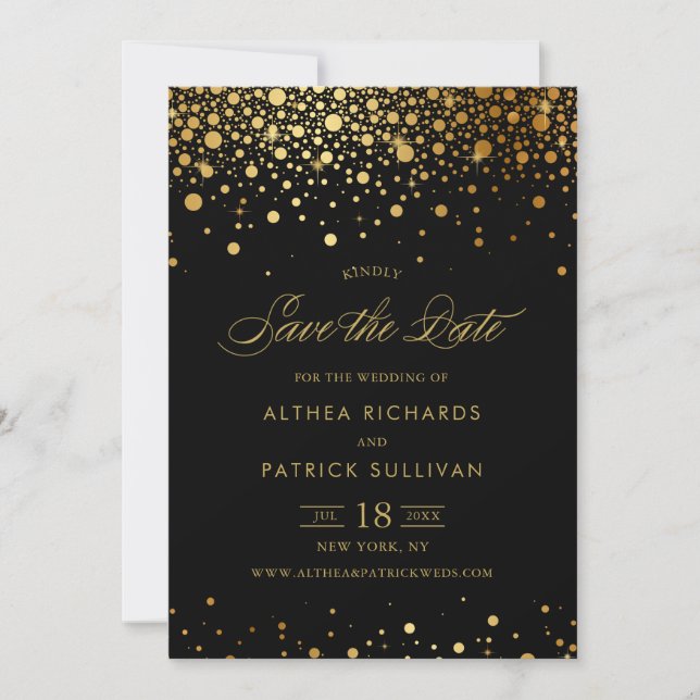 Faux Gold Foil Confetti Dots | Black Save the Date (Front)
