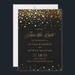 Faux Gold Foil Confetti Dots | Black Save the Date<br><div class="desc">Elegant, whimsical and stylish save the date announcement featuring faux gold foil confetti dots with pinstripes pattern. Customisable this black and gold save the date with your own details. This is faux gold foil - there will be NO actual gold foil. The texts are also completely customisable for any events....</div>