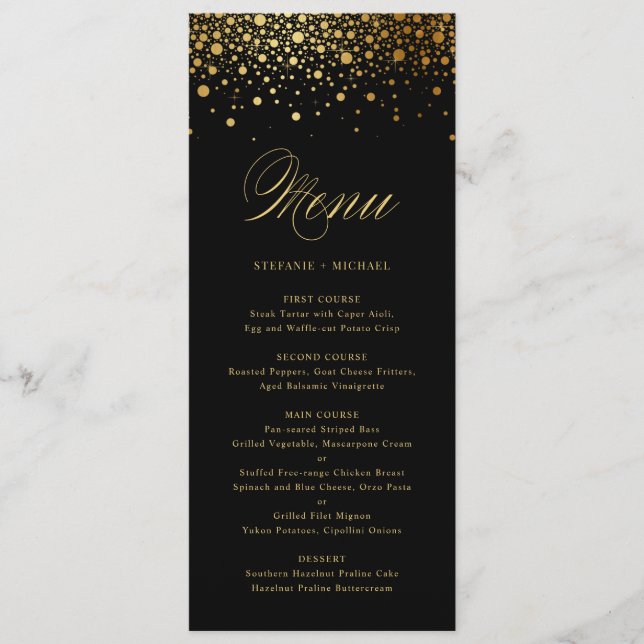 Faux Gold Foil Confetti Dots Black Wedding Menu (Front)