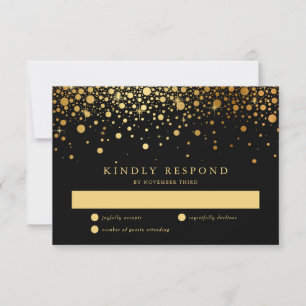 Faux Gold Foil Confetti Dots Black Wedding RSVP Card