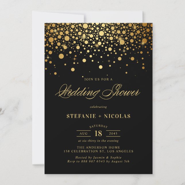 Faux Gold Foil Confetti Dots Black Wedding Shower Invitation (Front)