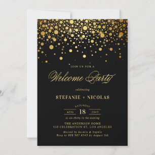 Faux Gold Foil Confetti Dots Black Welcome Party Invitation