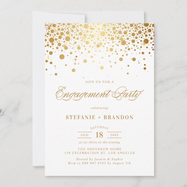 Faux Gold Foil Confetti Dots Engagement Party Invitation (Front)