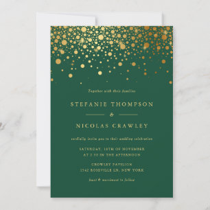 Faux Gold Foil Confetti Dots Green Wedding Invitation