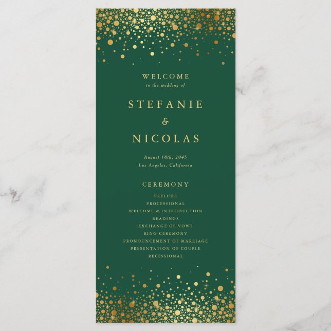 Faux Gold Foil Confetti Dots Green Wedding Programme (Front)