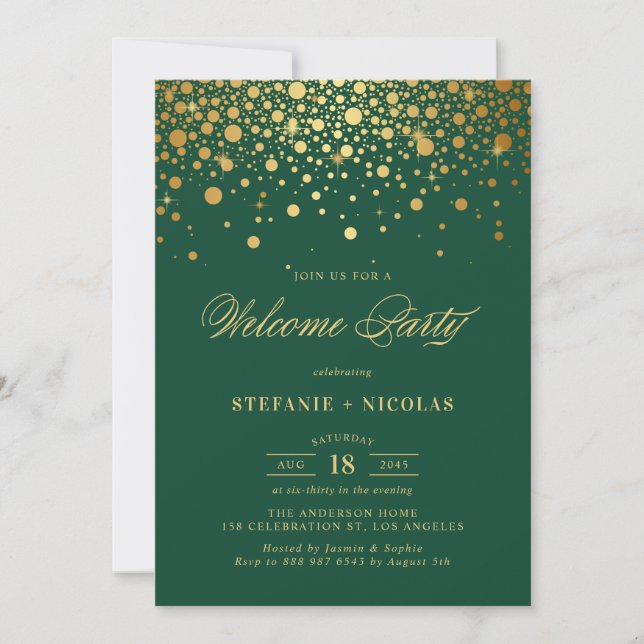 Faux Gold Foil Confetti Dots Green Welcome Party Invitation (Front)