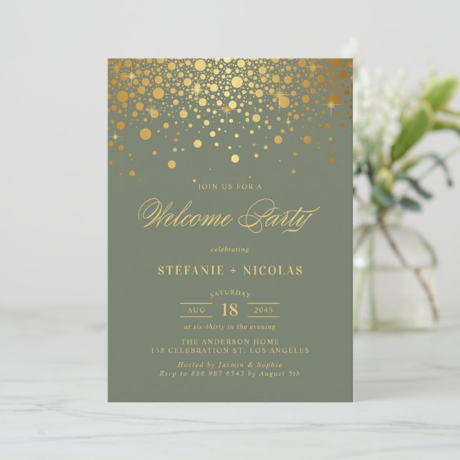 Faux Gold Foil Confetti Dots Green Welcome Party Invitation (Standing Front)