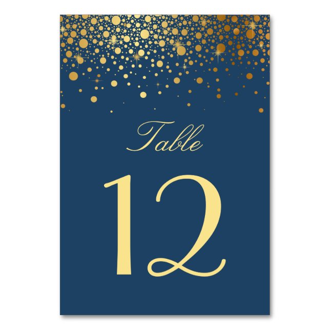 Faux Gold Foil Confetti Dots Navy Blue Table Number (Front)