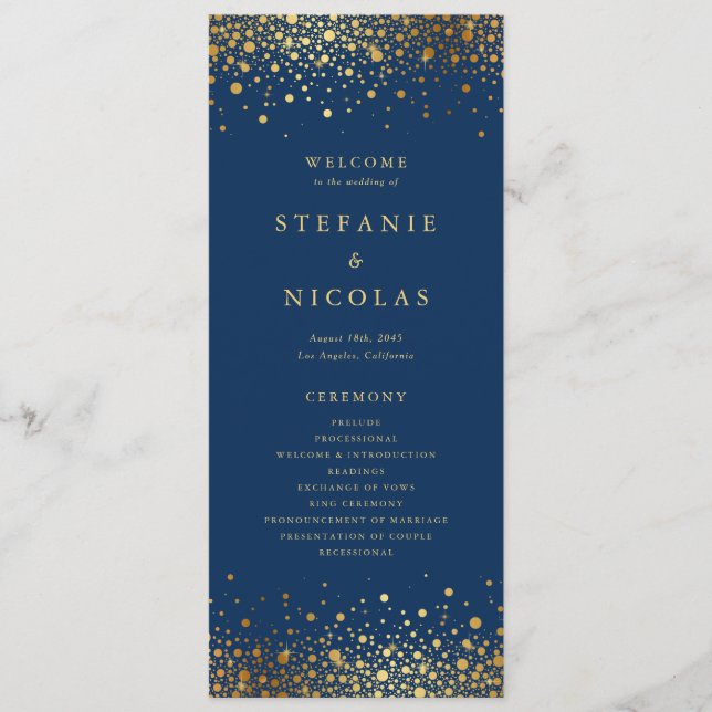Faux Gold Foil Confetti Dots Navy Blue Wedding Programme (Front)