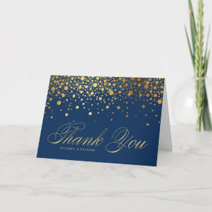 Faux Gold Foil Confetti Dots Navy Blue Wedding Thank You Card