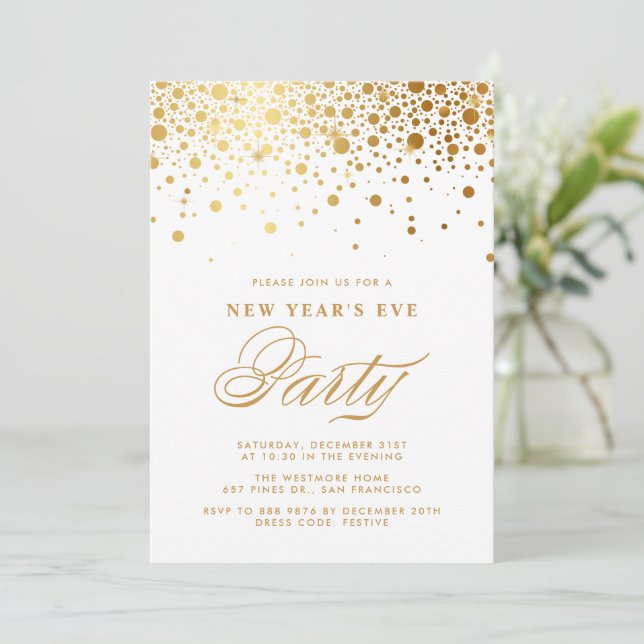 Faux Gold Foil Confetti Dots New Year's Eve Party Invitation (Standing Front)
