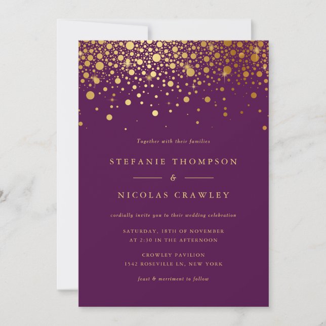 Faux Gold Foil Confetti Dots Purple Wedding Invitation (Front)