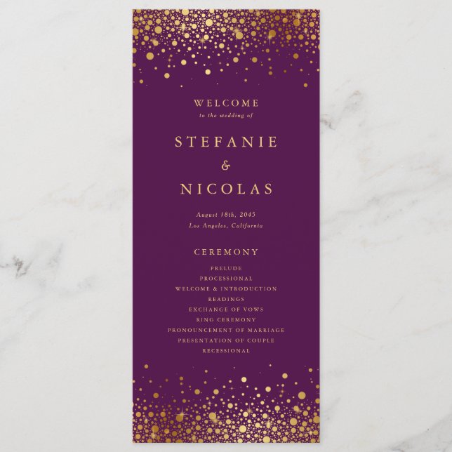 Faux Gold Foil Confetti Dots Purple Wedding Programme (Front)