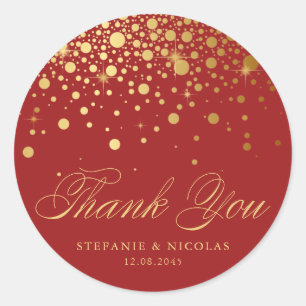 Faux Gold Foil Confetti Dots Thank You   Red Classic Round Sticker