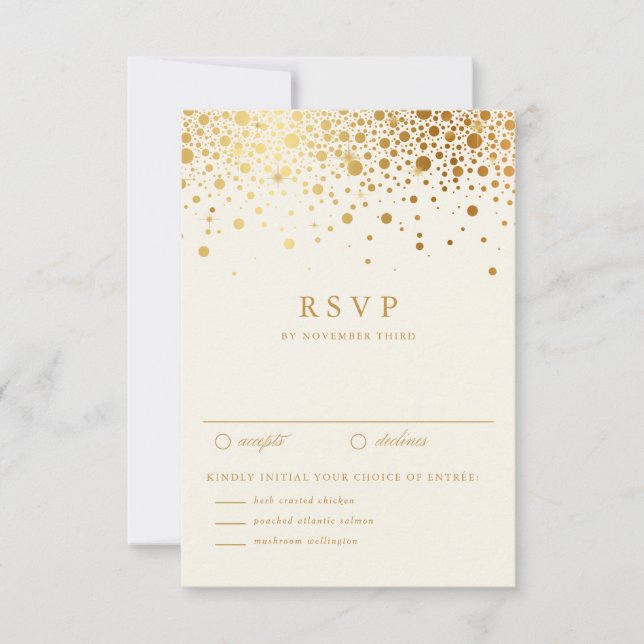 Faux Gold Foil Confetti Dots Wedding RSVP | Ivory Card (Front)