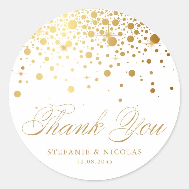Faux Gold Foil Confetti Dots Wedding Thank You Classic Round Sticker (Front)