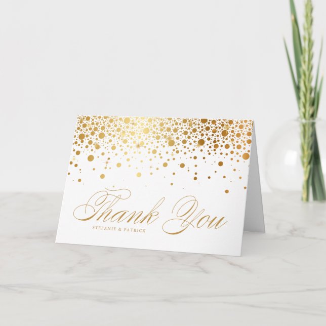 Faux Gold Foil Confetti Dots White Wedding Thank You Card (Front)