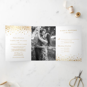 Faux Gold Foil Confetti Dots White Wedding Tri-Fold Invitation