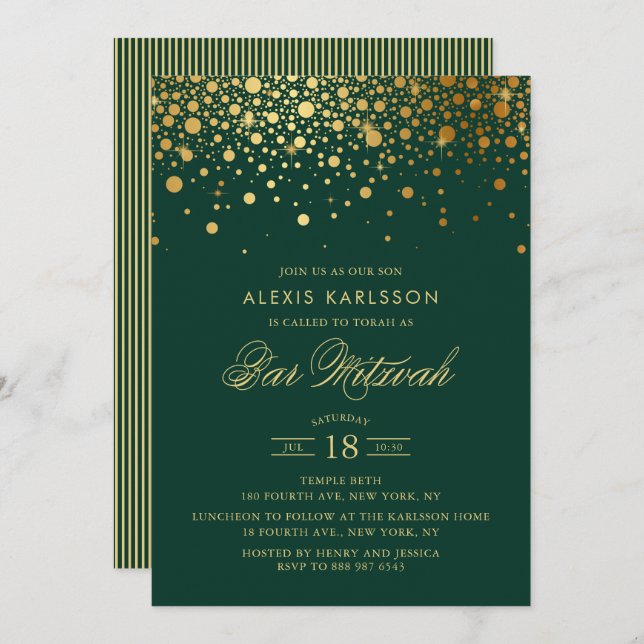Faux Gold Foil Confetti Green Bar Mitzvah Invitation (Front/Back)