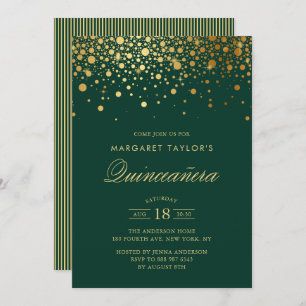 Faux Gold Foil Confetti Green Quinceañera Invitation