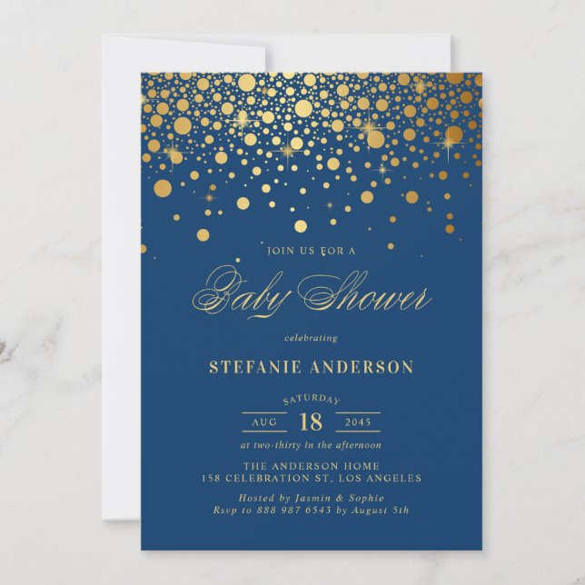 Faux Gold Foil Confetti Navy Baby Shower Invitation (Front)