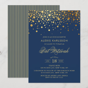 Faux Gold Foil Confetti Navy Blue Bat Mitzvah Invitation