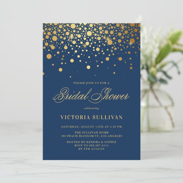 Faux Gold Foil Confetti Navy Blue Bridal Shower Invitation (Standing Front)