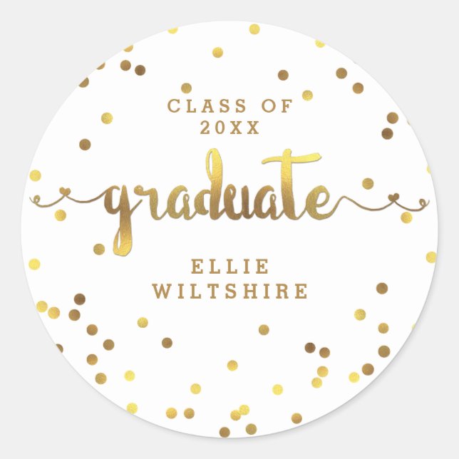 Faux Gold Foil Confetti Personalised Graduation Classic Round Sticker (Front)
