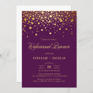 Faux Gold Foil Confetti Purple Rehearsal Dinner Invitation