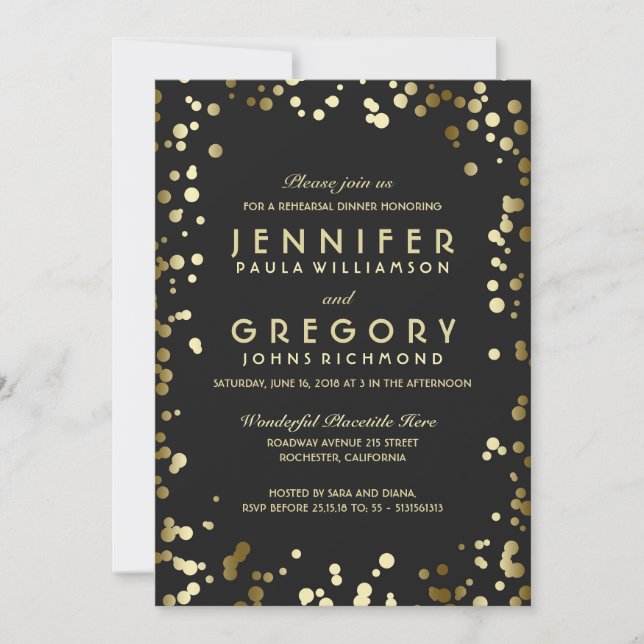 Faux Gold Foil Confetti Rehearsal Dinner Invitation (Front)