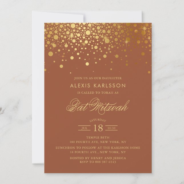Faux Gold Foil Confetti Terracotta Bat Mitzvah Invitation (Front)
