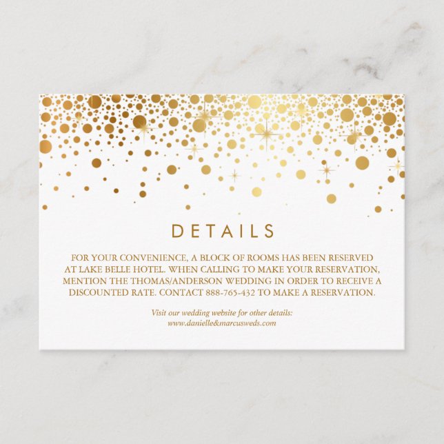 Faux Gold Foil Confetti White Wedding Details Enclosure Card (Front)