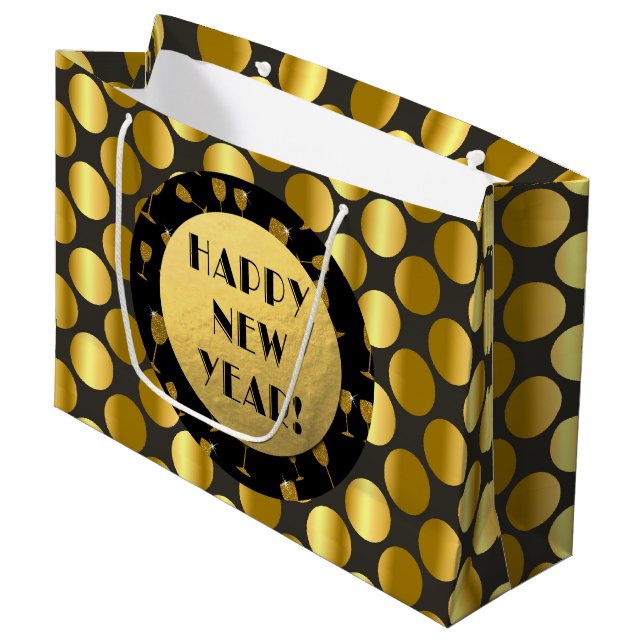 Faux Gold Foil Dots, Happy New Year! Gift Bag (Front Angled)