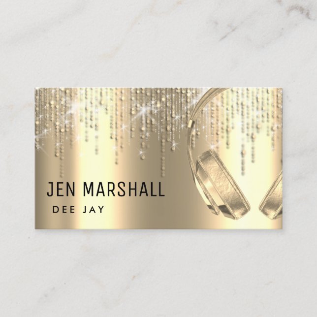 faux gold foil dots rain music headphones business card (Front)