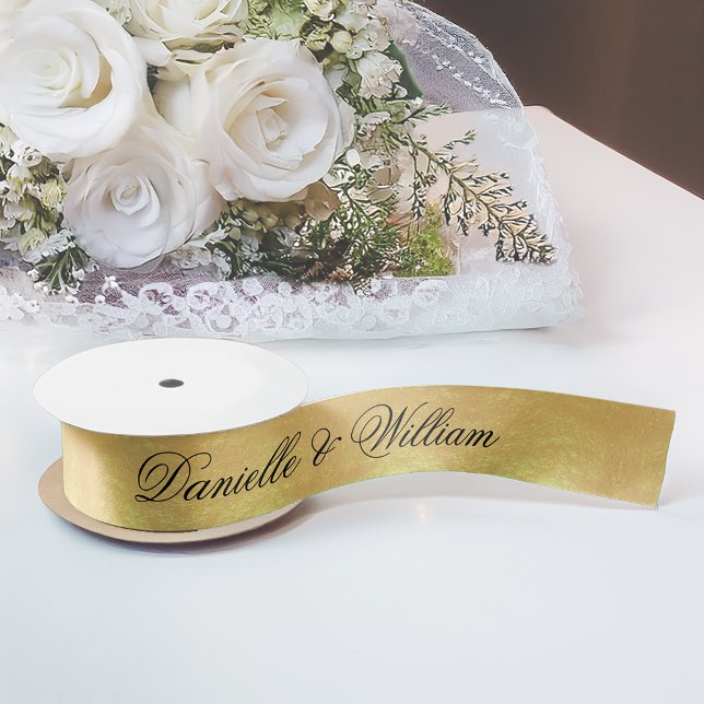 Faux Gold Foil Elegant Black Calligraphy Wedding Satin Ribbon (Creator Uploaded)