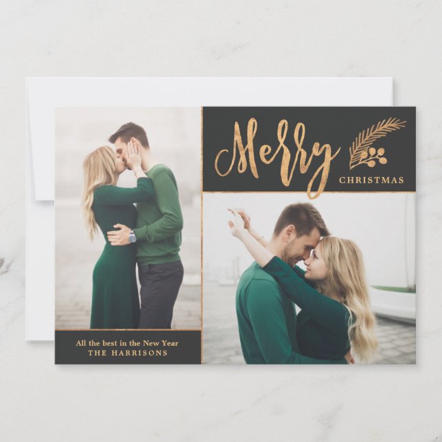 Faux Gold Foil Elegant Christmas Photo | Black Holiday Card (Front)