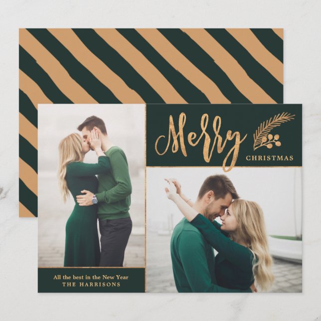 Faux Gold Foil Elegant Christmas Photo | Green Holiday Card (Front/Back)