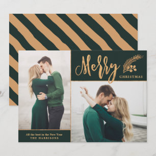 Faux Gold Foil Elegant Christmas Photo   Green Holiday Card