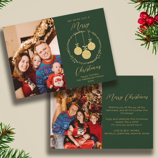 Faux Gold Foil Elegant Christmas Photo Green Holiday Card (Faux Gold Foil Elegant Christmas Photo Green Holiday Card)