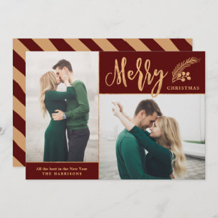 Faux Gold Foil Elegant Christmas Photo Maroon Holiday Card