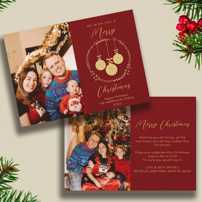 Faux Gold Foil Elegant Christmas Photo Maroon Holiday Card (Faux Gold Foil Elegant Christmas Photo Maroon Holiday Card)