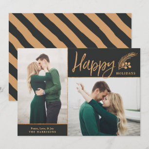 Faux Gold Foil Elegant Happy Photo   Black Holiday Card
