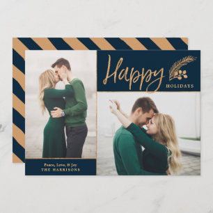Faux Gold Foil Elegant Happy Photo   Navy Holiday Card