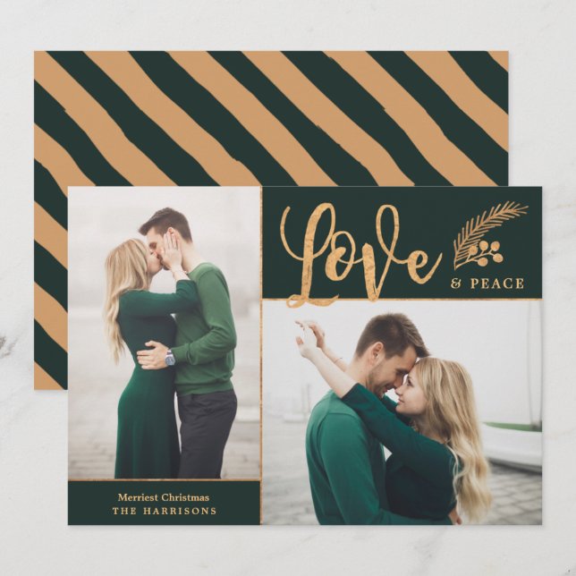 Faux Gold Foil Elegant Love Peace  Photo | Green Holiday Card (Front/Back)