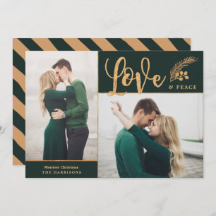 Faux Gold Foil Elegant Love Peace Photo Green Holiday Card